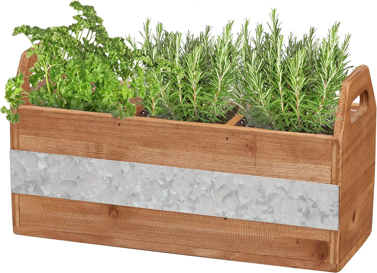 Barnyard Designs Rustic Wood and Metal 3 Compartment Planter Succulent Herb Plant Pot Indoor Outdoor Plant Holder 12” x 6”