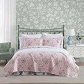 Laura Ashley - Twin Quilt Set, Reversible Cotton Bedding with Matching Sham, Medium-Weight for Year Round Use, Dorm Essentials, Coquette Room Decor (Veronicas Bouquet Pink)