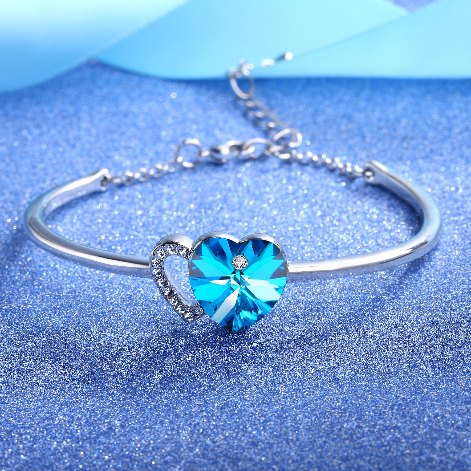 Angelady Love Story Heart Link Bangle Bracelet for Birthday Anniversary Wedding Gifts,Blue Crystal from Swarovski