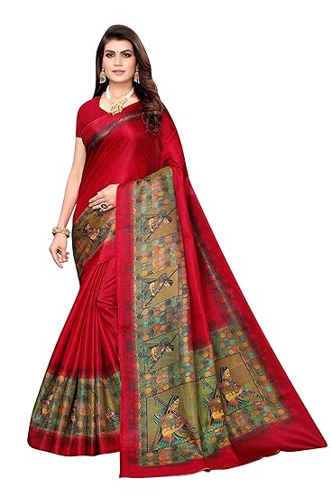 Sarees For Women Red Color Khadi Silk Printed Saree With Blouse Piece(PREKSHA-RED_Free Size)