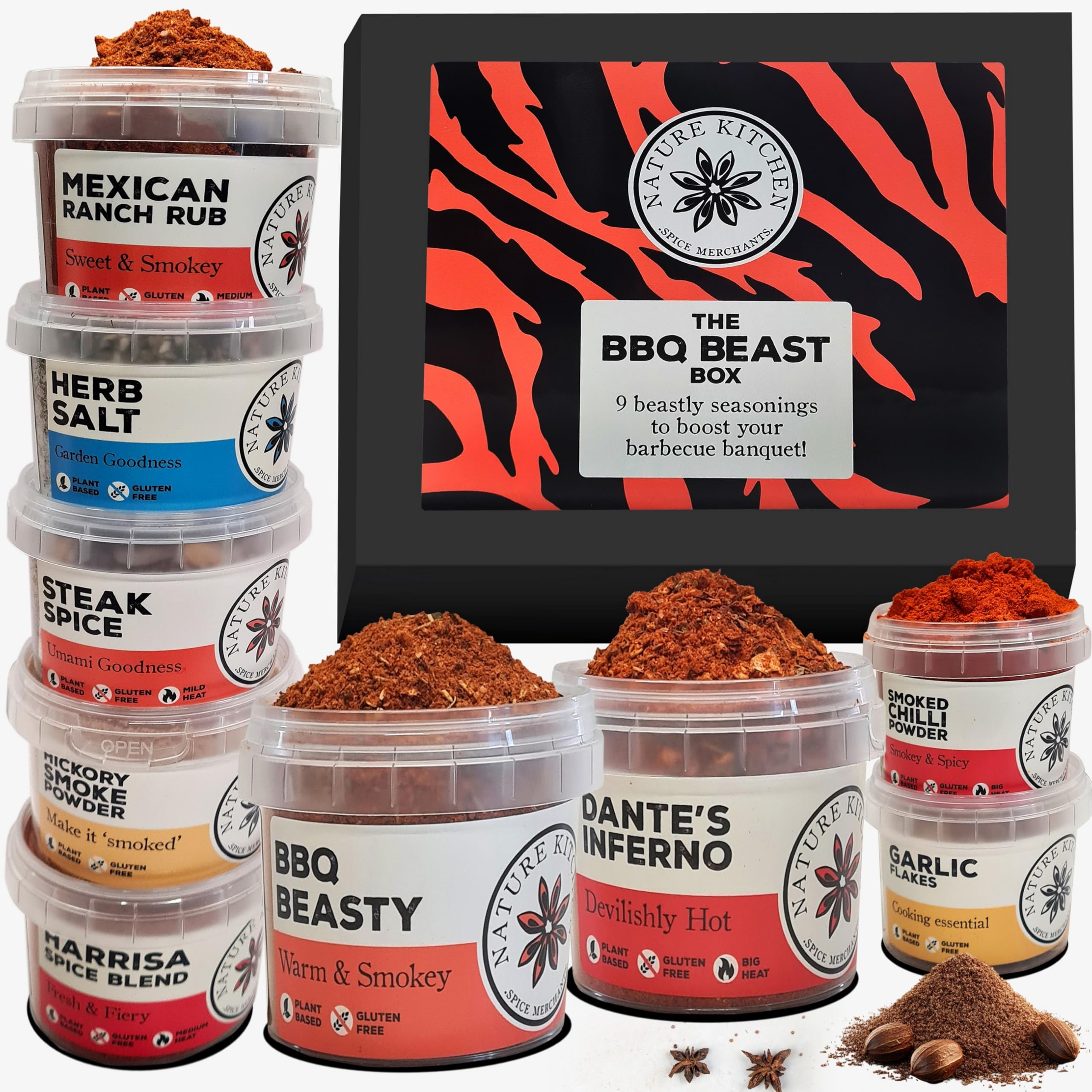Nature Kitchen Gourmet BBQ Blends and Seasonings Gift Set. 9 Gluten Free and Vegan Barbecue Spices. Novelty Gifts for BBQ and Cooking Lovers. Perfect Food Accessories for BBQs.