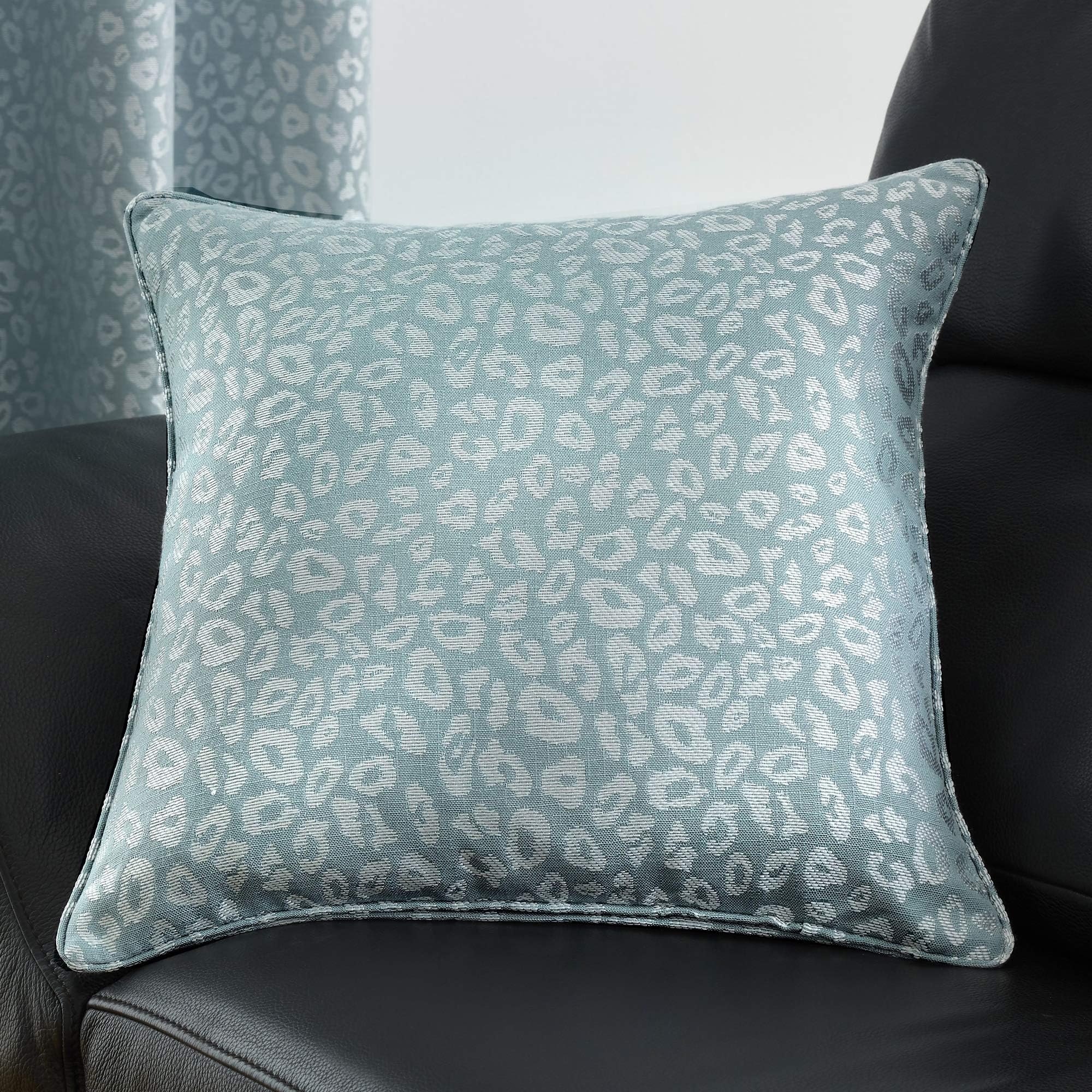 Curtina Leopard-Cushion Cover, Jacquard Woven Duck Egg, 43x43cm (17x17")