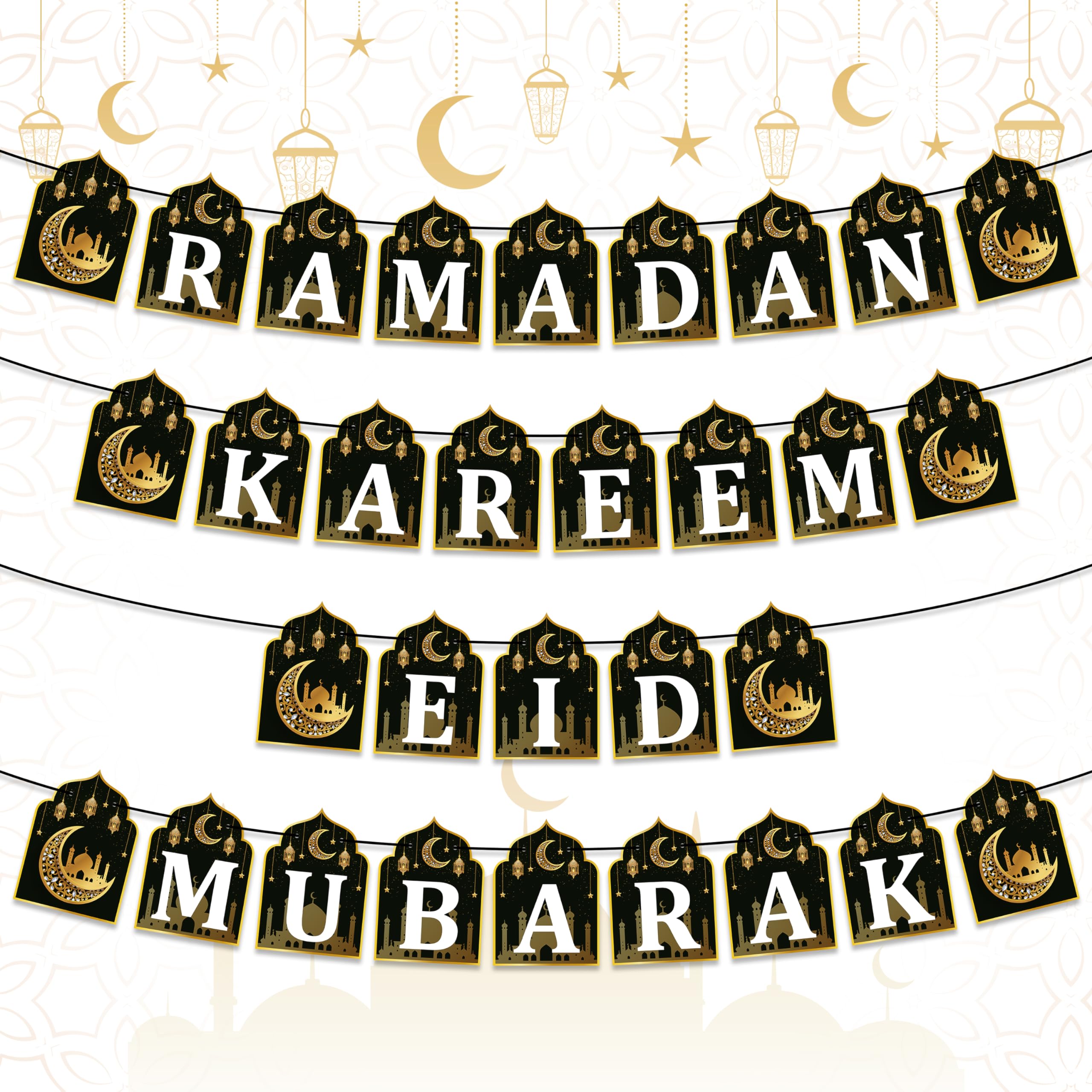 WATINC Ramadan Mubarak Party Decorations - 4PCS Ramadan Mubarak Bunting Banner Prety Hanging Decoration No DIY Needed Eid Mubarak Al-Fitr Iftar Party Favor Supplies for Home Tree Fireplace Wall