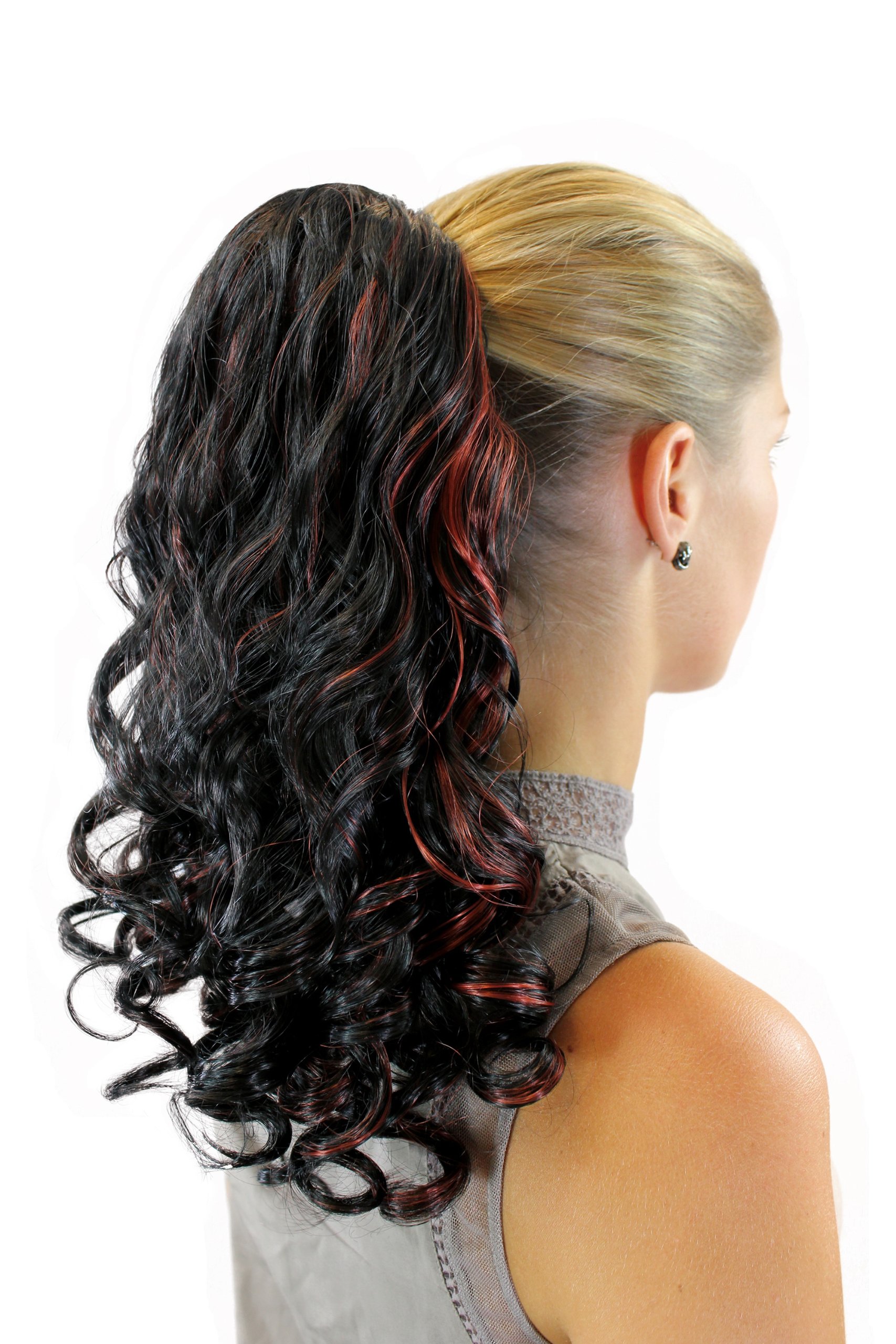 WIG ME UP - JL-3274-1BF350 Haarteil Ponytail Hairpiece extension very long curled curls black mixed with red combs drawstring 20inch