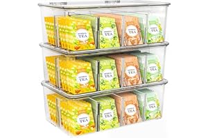 Utopia Home - Tea Bag Organizer With Lids, Clear Pantry Storage Box - (3 Pack) Stackable Partition Organizers or Holder With Lids For Drawers, Countertops, Fridge, Kitchen, Snack & Spice Organization