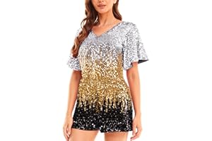 MANER Women’s Sequin Romper Sparkly Short Jumpsuit Party Concert Outfit With Flutter Sleeve