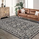 GarveeHome 8x10 Area Rug Retro Floral, Washable Rug for Living Room Boho Vintage Large Rug for Bedroom Soft Non Slip Low Pile Floor Mat Persian Carpets for Dining Room Office Stain Resistance, Black