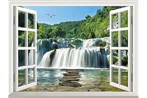 FLFK Fake Window Wall Sticker - Waterfall Faux Window Wall Mural for Wall Decor, Stick and Peel Wall Decals,48"x32",Set of 2 Sheets