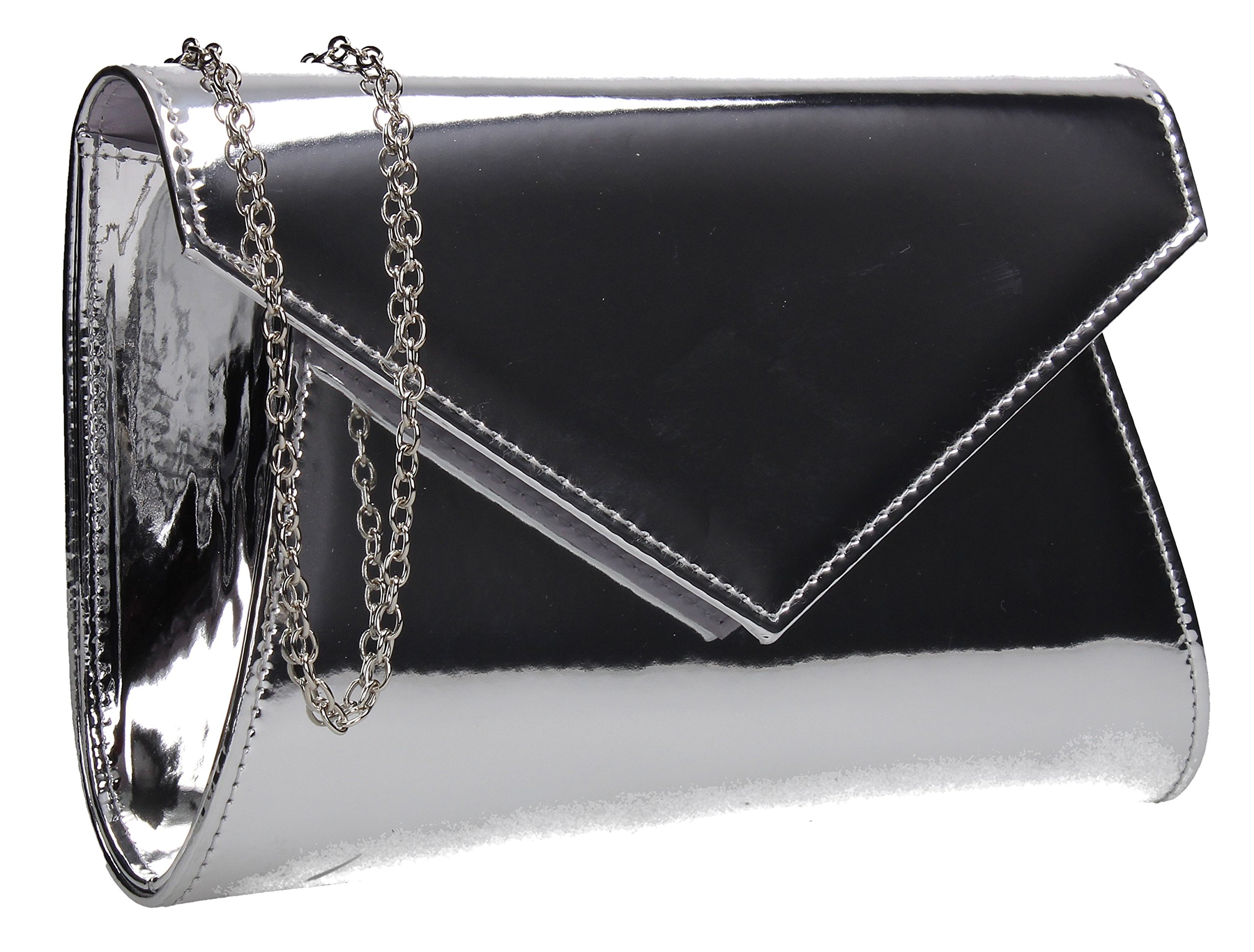 SwankySwans Lenny Metallic Envelope Patent Leather Womens Party Prom Wedding Ladies Clutch Bag - Silver