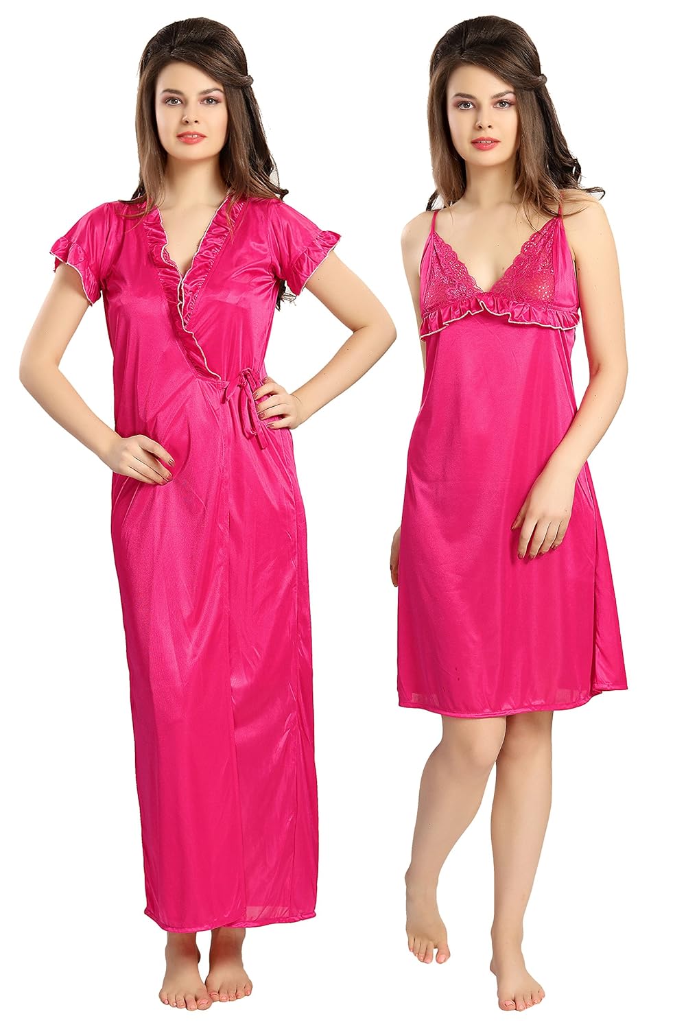 av2 women satin short nighty with lace & robe