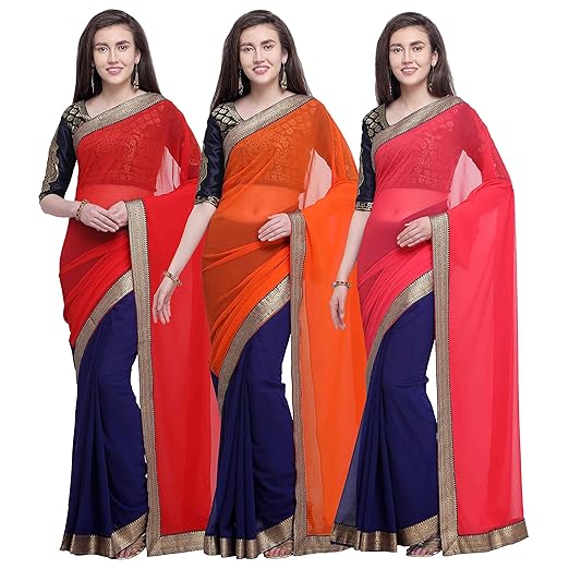 Anand Sarees Multicolored Chiffon Half N Half Saree With Lace Border and Jacquard Unstitched Blouse Piece(Pack of 3)