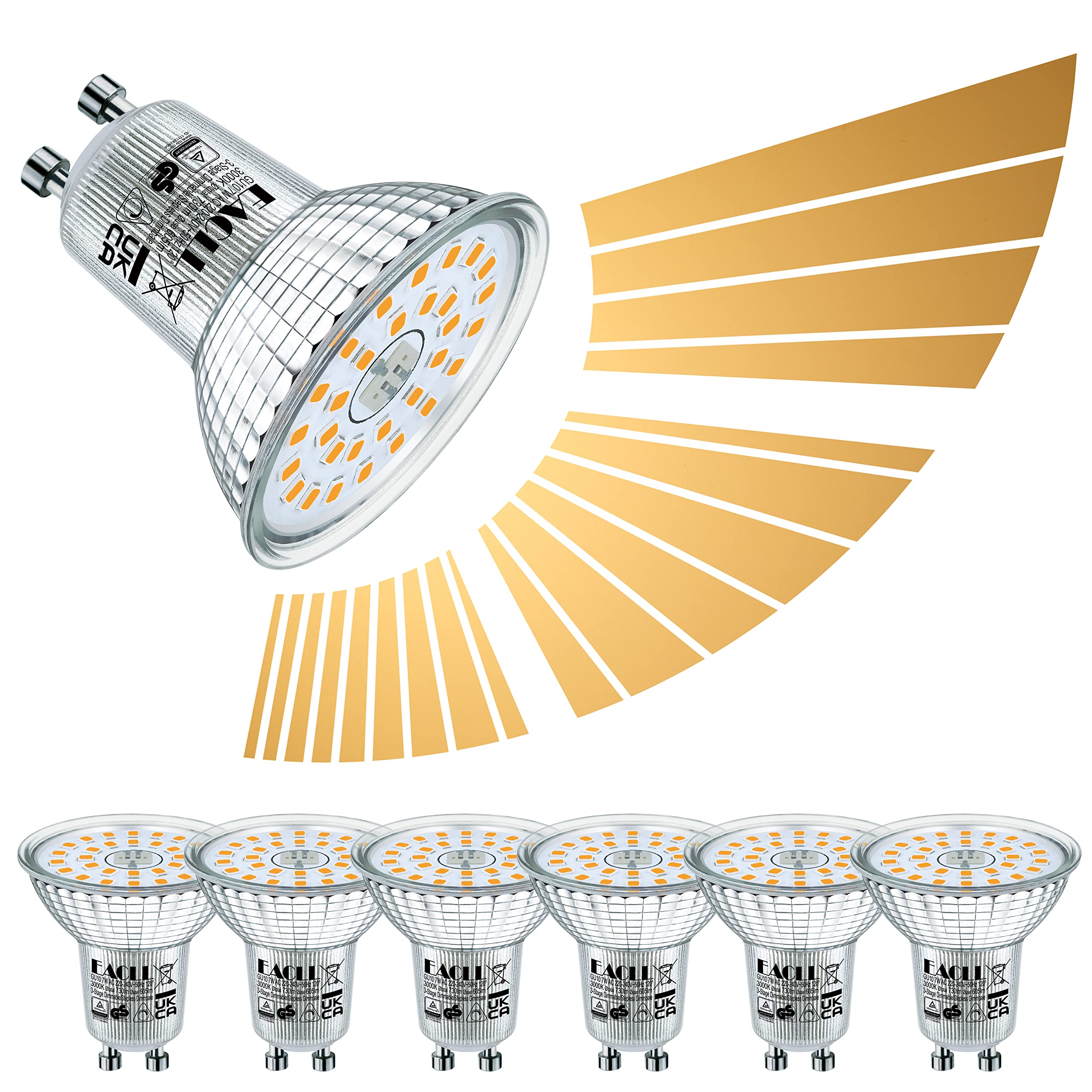 EACLL GU10 LED Bulbs Warm White 7W Stepless and 3 Steps Dimmable, 6-Pack, 3000K 605lm Flicker-Free Light Bulbs, 3-in-1 Dimming via Light Switch or Smooth Dimming via Dimmer, 2-in-1 Dimming Function