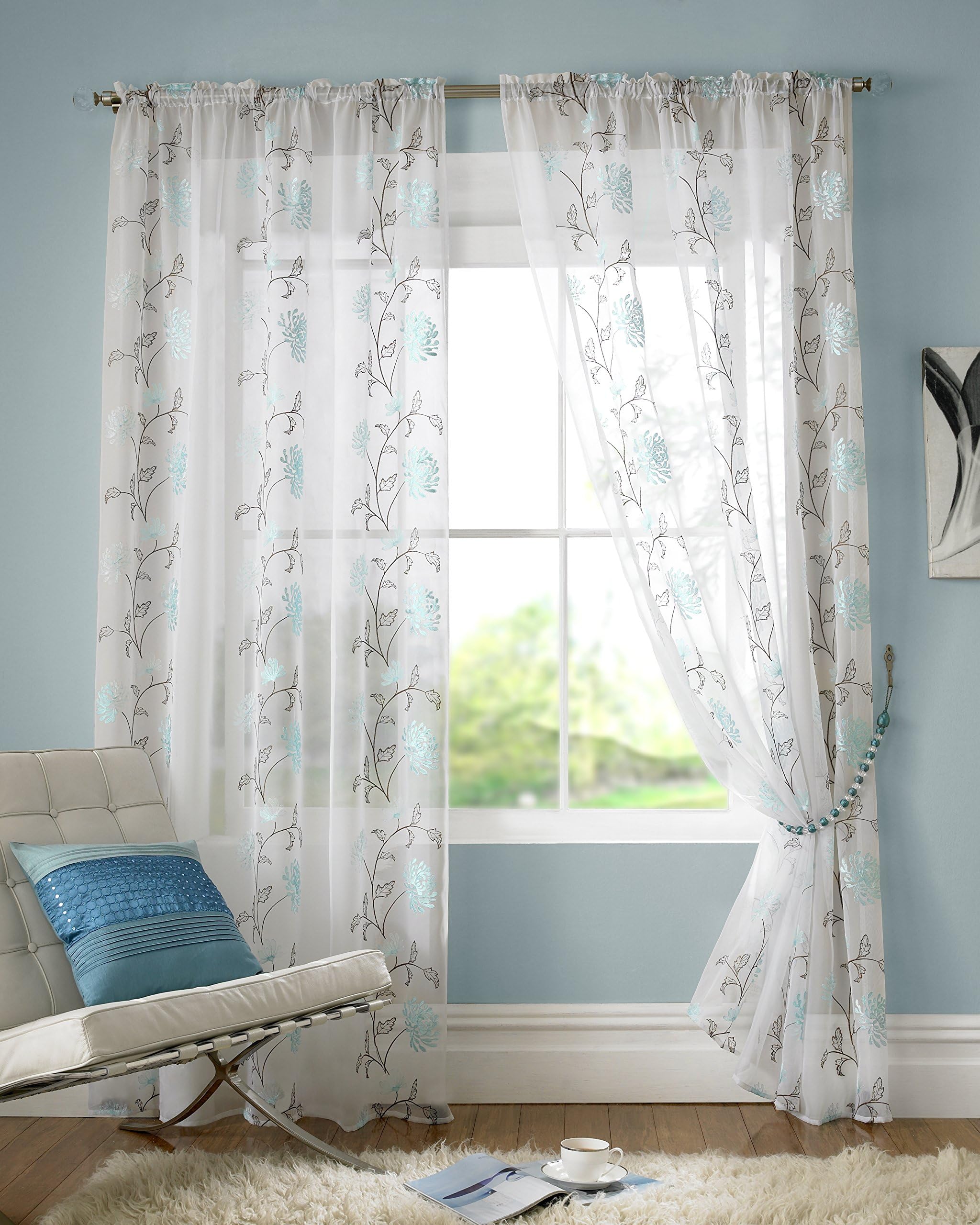 Alan Symonds Lombok Floral Trail Embroidered Unlined Rod Pocket Slot Top Voile Curtains (Pair) Teal/Multi 56" x 72"