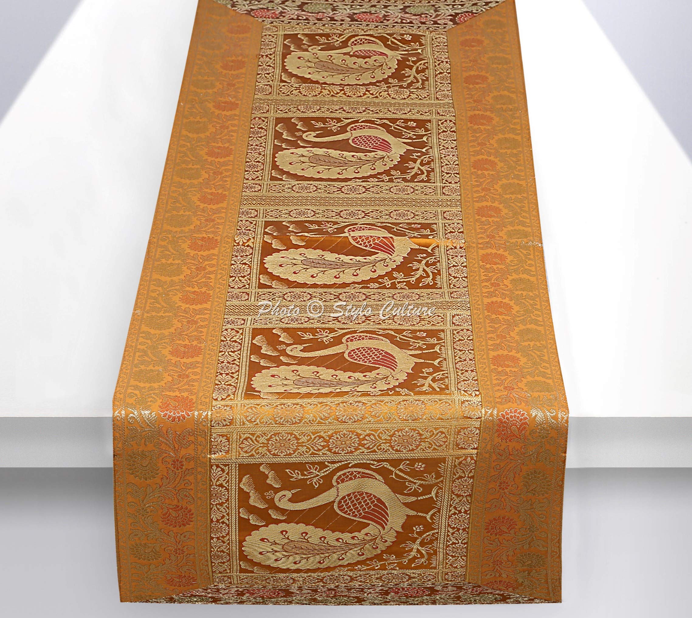 Stylo Culture Ethnic Extra Long Table Runner Yellow Gold Peacock Floral Brocade Jacquard Rectangle Home Decor Bohemian Long Wedding Table Cloth | 60x16 Inches ( 152 x 40 cm)