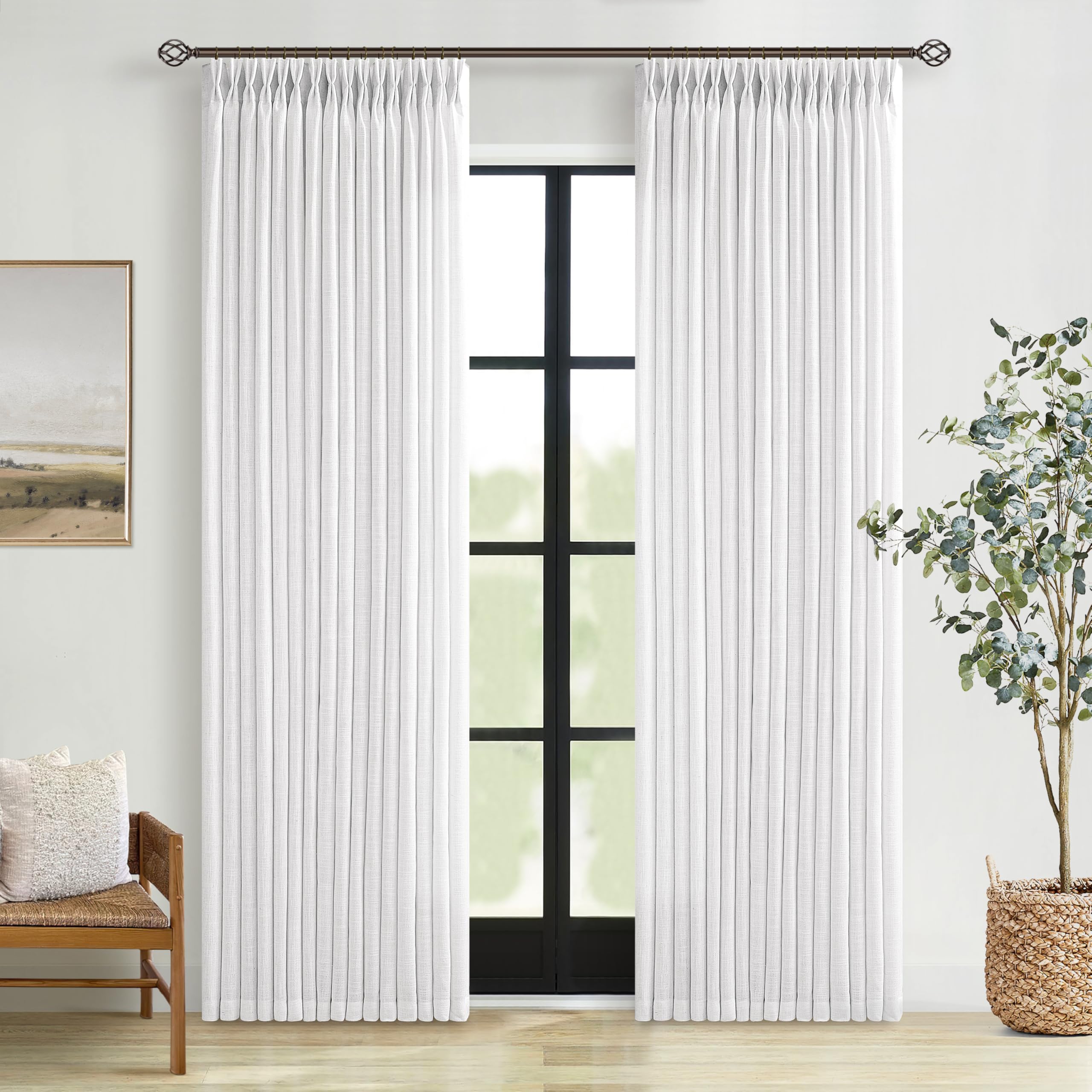 Photo 1 of White Linen Curtains 102 Inches Long for Living Room Pinch Pleated Drape with Hooks Rings for Track System Back Tab Light Filtering 102 Inch Curtain for Bedroom Sliding Patio Door 2 Panels 50x102