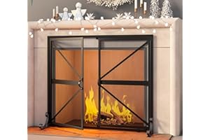 Fire Beauty Fireplace Screen with Doors, 2-Pannel Handcrafted Solid Wrought Iron Decorative Mesh,Baby Safe Proof Firewood Burning Stove Accessories(Black)