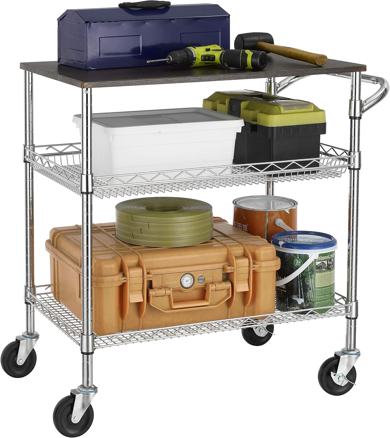 Finnhomy 3 Tier Heavy Duty Commercial Grade Utility Cart with Wood Top, Wire Rolling Cart with Handle Bar, Steel Service Cart with Wheels, Utility Shelf Food Storage Trolley, NSF Listed: Kitchen & Dining
