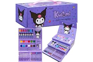 Hello Kitty Sanrio Kuromi Painting Art Supplies for Kids, Colored Pencils, Markers, Crayons, Kawaii Drawing Kit, Stationary, Art Kit, Gifts for Girls (Purple Kuromi 3 Tier)