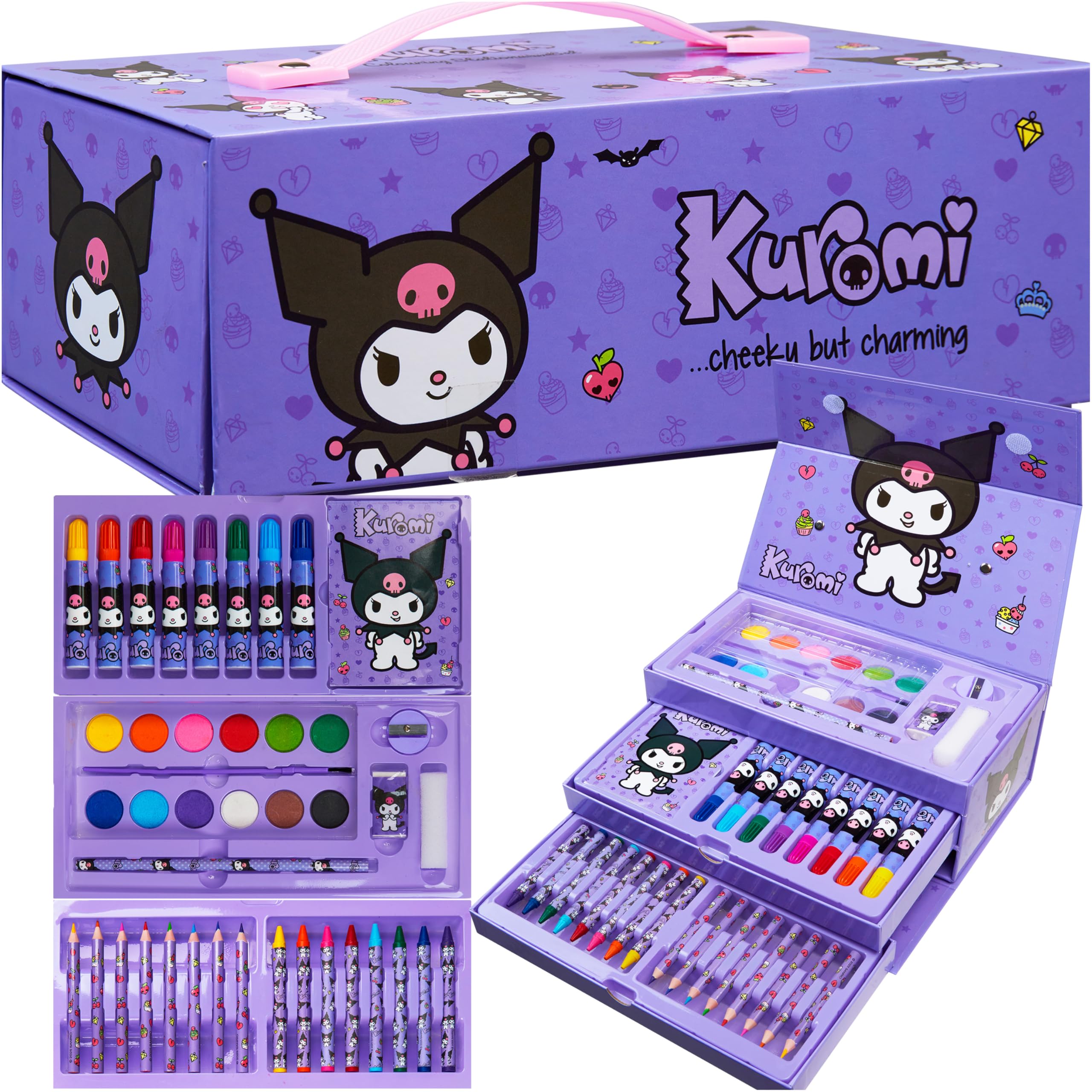 Hello Kitty Kuromi Painting Art Set for Kids, Drawing Colouring Stationery Anime Art Supplies in Travel Carry Case, Kawaii Gifts for Girls (Purple Kuromi 3 Tier)