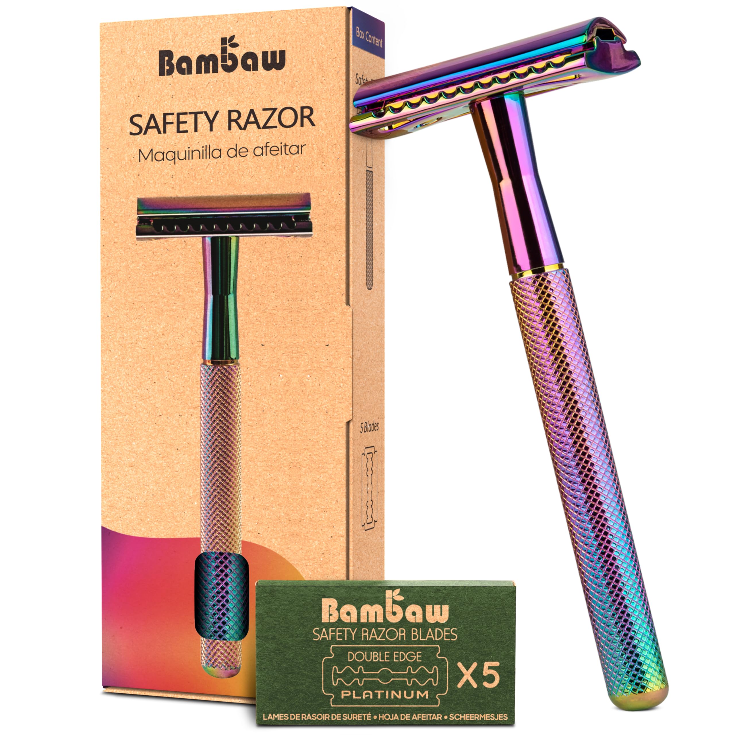 Photo 1 of Bambaw Double Edge Safety Razor with 5 Safety Razor Blades, Women & Men’s Safety Shaving Razor, Reusable Razor, Plastic Free – Rainbow