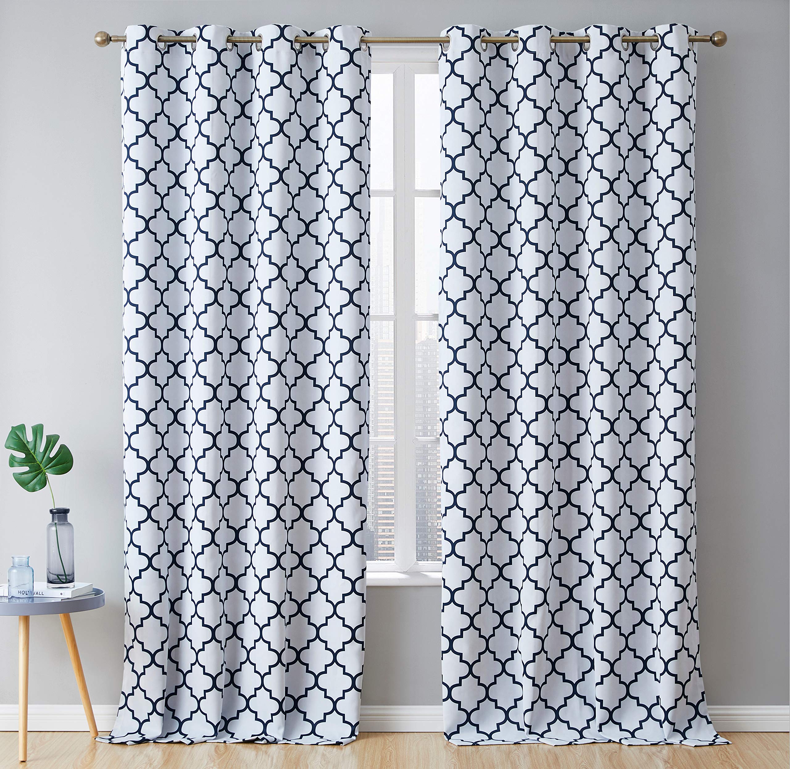 Photo 1 of HLC.ME Lattice Print Blackout Curtains Sets for Bedroom - Winter Heat Cooling Window Coverings, Light Blocker Ring Top Drapery for Living Room, Platinum White & Navy Blue, 52 W x 84 L - 2 Panels