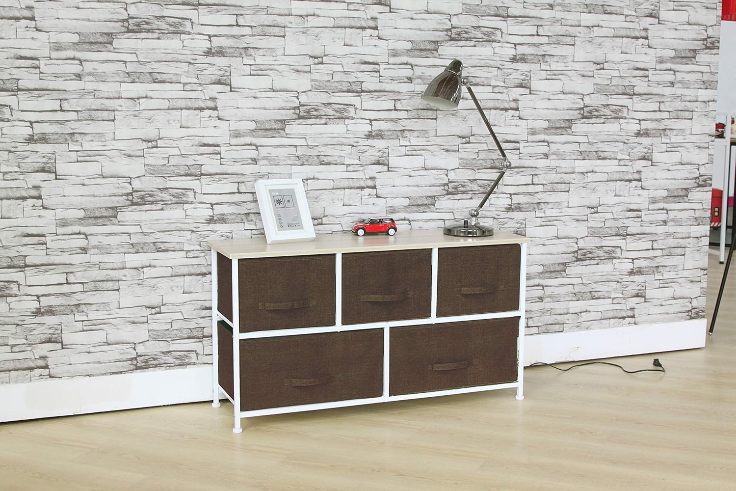 Fancy Linen 5 Dark Brown Drawer Storage Chest Horizontal Organizer Unit With Fabric Bins And Wood Top For Bedrooms Hallways Living Room Nursery