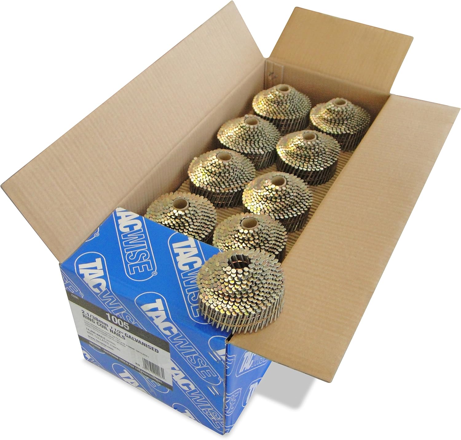 Tacwise 1005 Type 2.1 / 38 mm Galvanised Conical Top Coil Nails, Diamond Point, Ring Shank, 16° Inclined, Wire Collated, Pack of 14,400