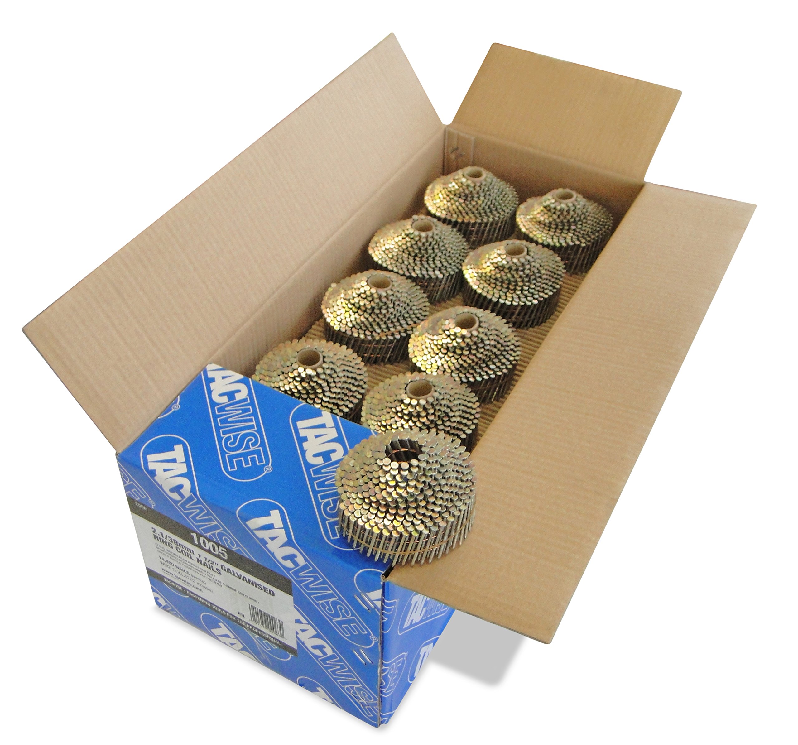 Tacwise 1005 Type 2.1 / 38 mm Galvanised Conical Top Coil Nails, Diamond Point, Ring Shank, 16° Inclined, Wire Collated, Pack of 14,400