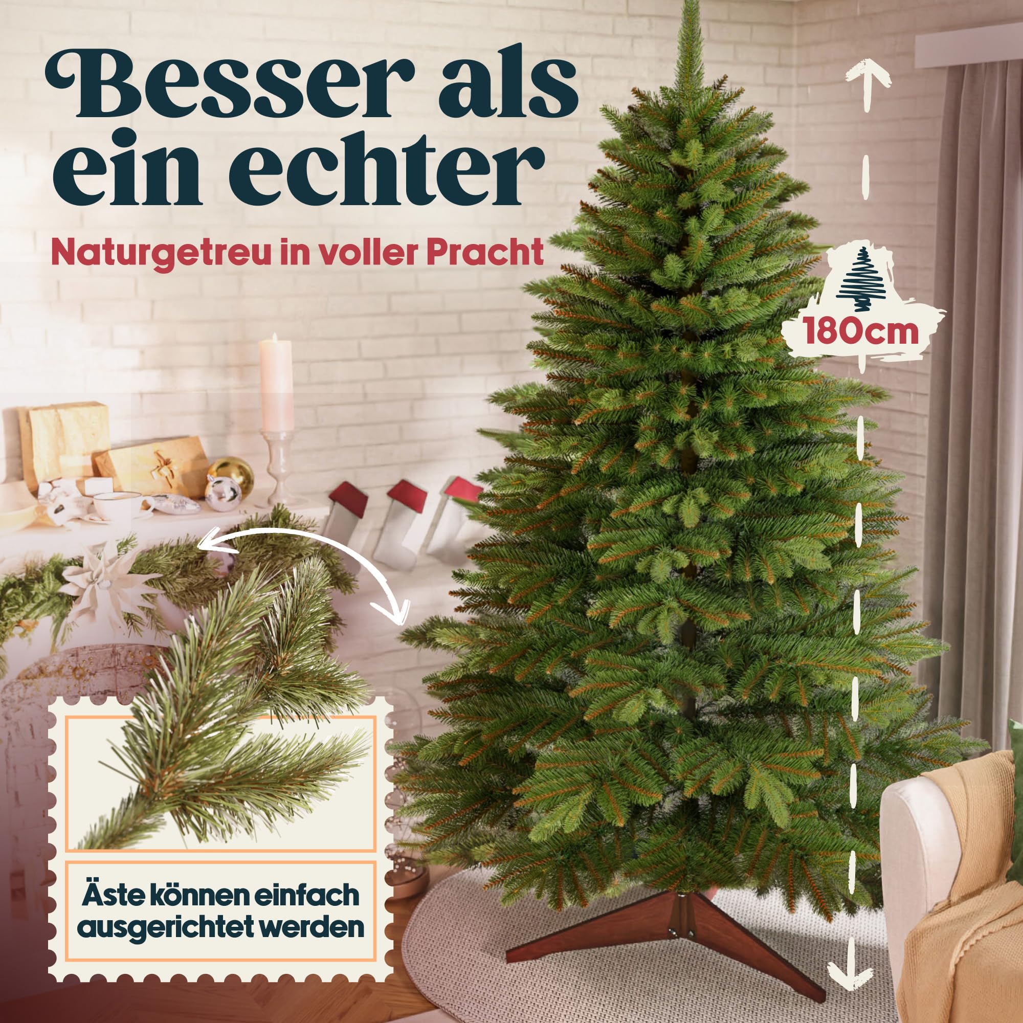 Premium Weihnachtsbaum künstlich 180cm - TESTSIEGER 10 Jahre GARANTIE - Naturgetreu, dichte Zweige, Künstlicher Weihnachtsbaum mit Holzständer, Christmas Tree Tannenbaum künstlich 180 cm Pure Living