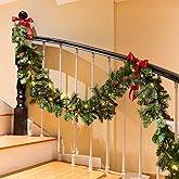 9 Feet Christmas Garland - Christmas Decorations - Carolina Pine Garland for Table,Mantle,Fireplace Indoor Outdoor-Green Garland for Christmas Decorations - Holiday Decor -Free Battery LED Lights