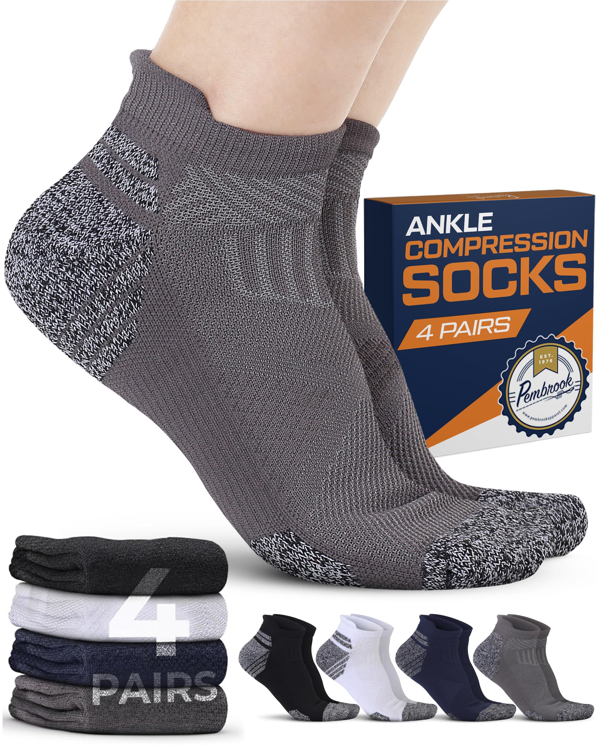 Photo 1 of Pembrook Ankle Compression Socks for Women & Men - 4 Pairs | Compression Socks for Plantar Fasciitis | Compression Socks Men Ankle | Compression Running Socks for Men | Black, White, Grey, Nvy