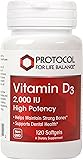 Protocol For Life Balance - Vitamin D3 2,000 IU - High Potency - Supports Calcium Absorption, Bone and Dental Health, Immune System Function, Nervous System, Cognitive Function - 120 Softgels
