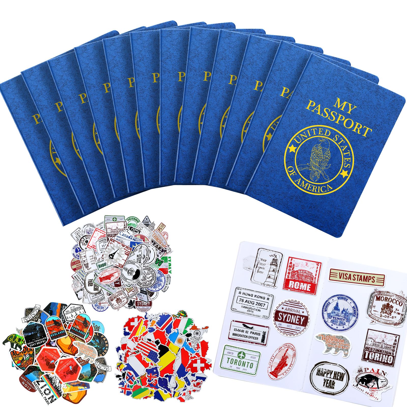 Photo 1 of Sureio 174 Pcs Kids Passport Book with Assorted Travel Stickers for Passport Party Favors Scrapbooks Wall Decals Arts Crafts School Supplies Game Prizes Collections for Boys and Girls