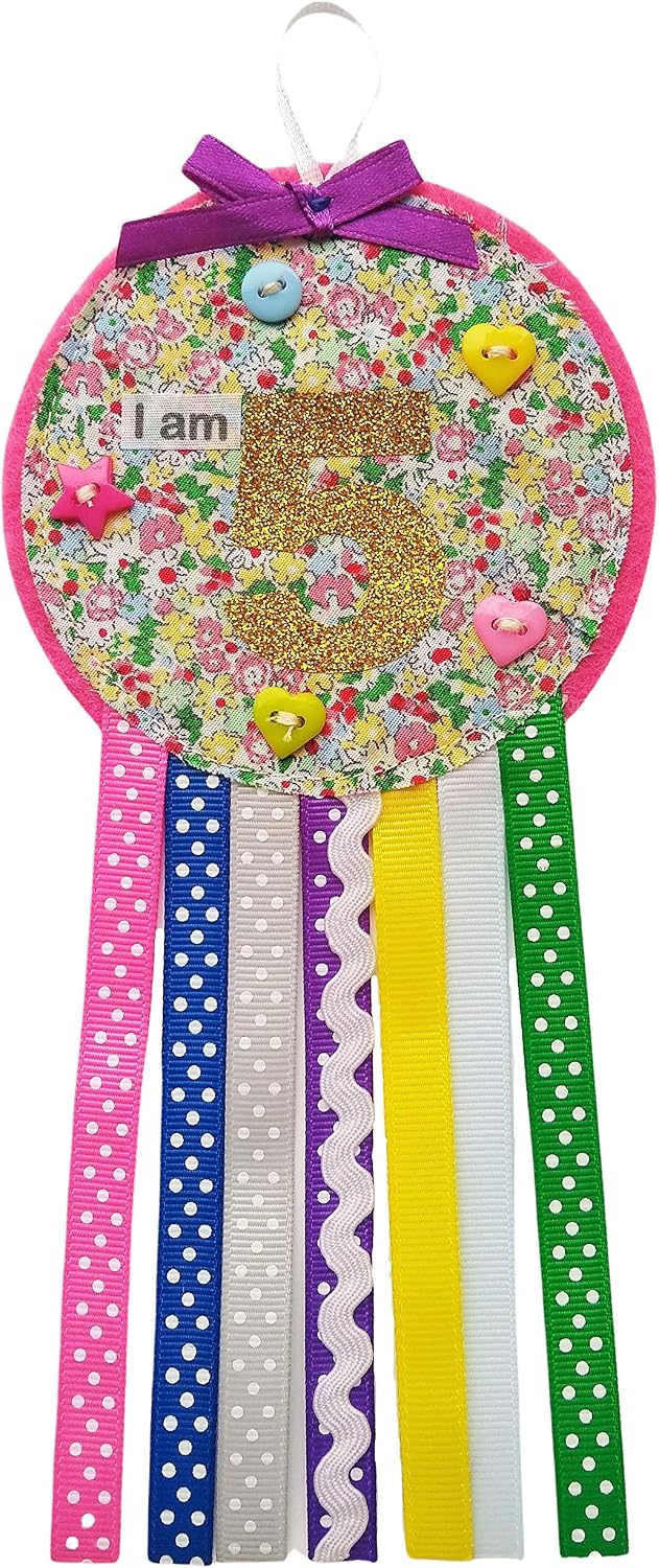 Ditsy Rosettes Floral Birthday Rosette Badge - Age 3, 4, 5, 6, 7, 8, 9 - Perfect Party Gift card - Birthday Boy, Birthday Girl (Age 5)
