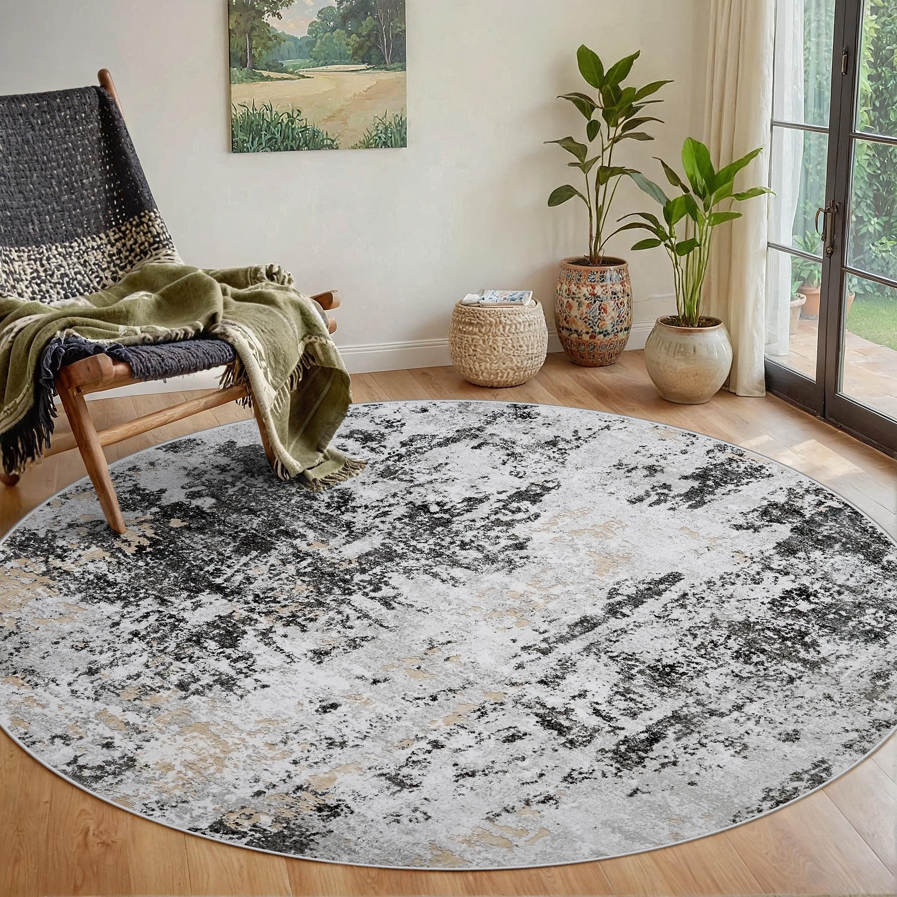 Round Rug 6ft Circle Rug Washable: Carpet Small Circular Area Rug for Entryway Kitchen Bedroom Dining Room Living Room 6 Feet Abstract College Dorm Non Slip Low Pile Black Grey Gold Image