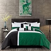 Chezmoi Collection Upland 7-Piece Quilted Patchwork Comforter Set, Green/Black/Cream White, King
