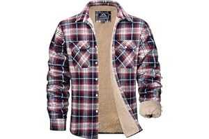 MAGCOMSEN Mens Winter Jackets Flannel Sherpa Lined Plaid Shirt Fleece Cotton Button Up Casual Jacket With Pockets