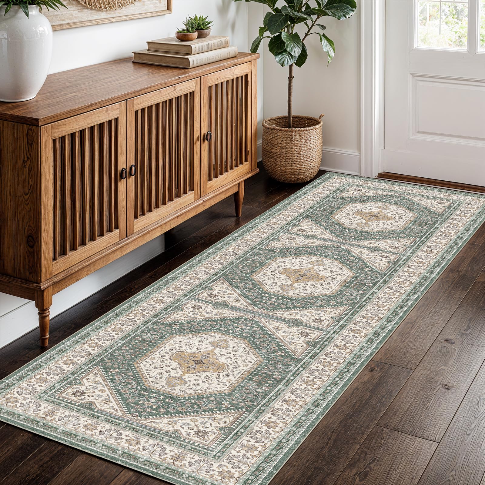 Photo 1 of 2x5 Runner Rug for Hallway Washable: Non Slip Kitchen Rugs with Rubber Backing Soft Waterproof Mats Stain Resistant Indoor Vintage Carpet Runner for Bedroom Bathroom Laundry Entryway Green/Beige