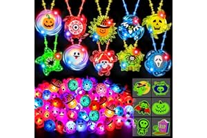 Huyamap 100PCS Halloween Party Favors for Kids Boys Girls, Glow LED Halloween Toys Bulk Light Up Necklace Rings Goodie Bag Fillers Stuffers Halloween Treats Non Candy Classroom Prizes Trick or Treat