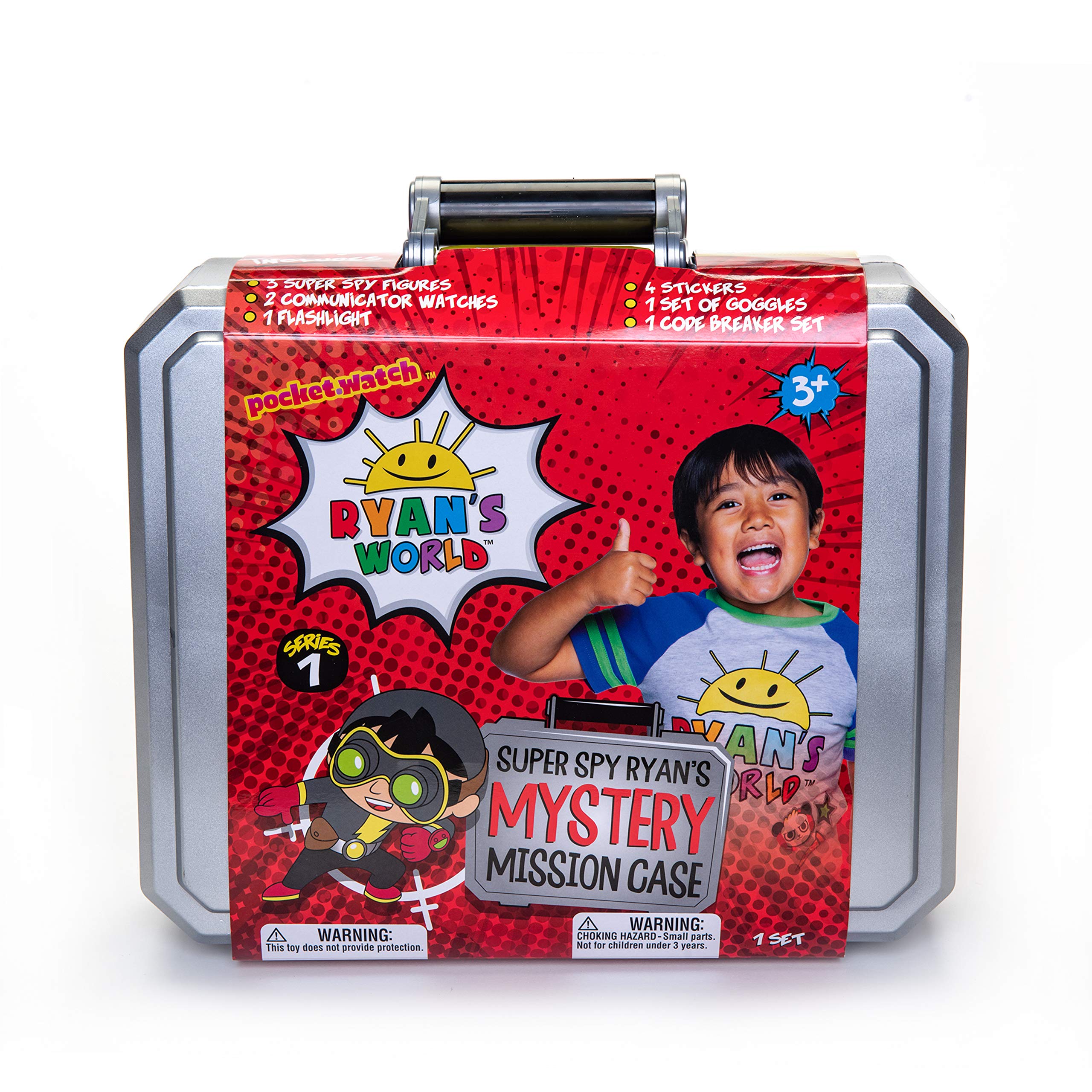 RYAN'S WORLD Secret Agent Mystery Mission Case, 3 Exclusive Spy Figures, 2 Wrist Communicators, Flashlight, Goggles, Code Breaker Spinner, Stickers, Accessories, UNbox