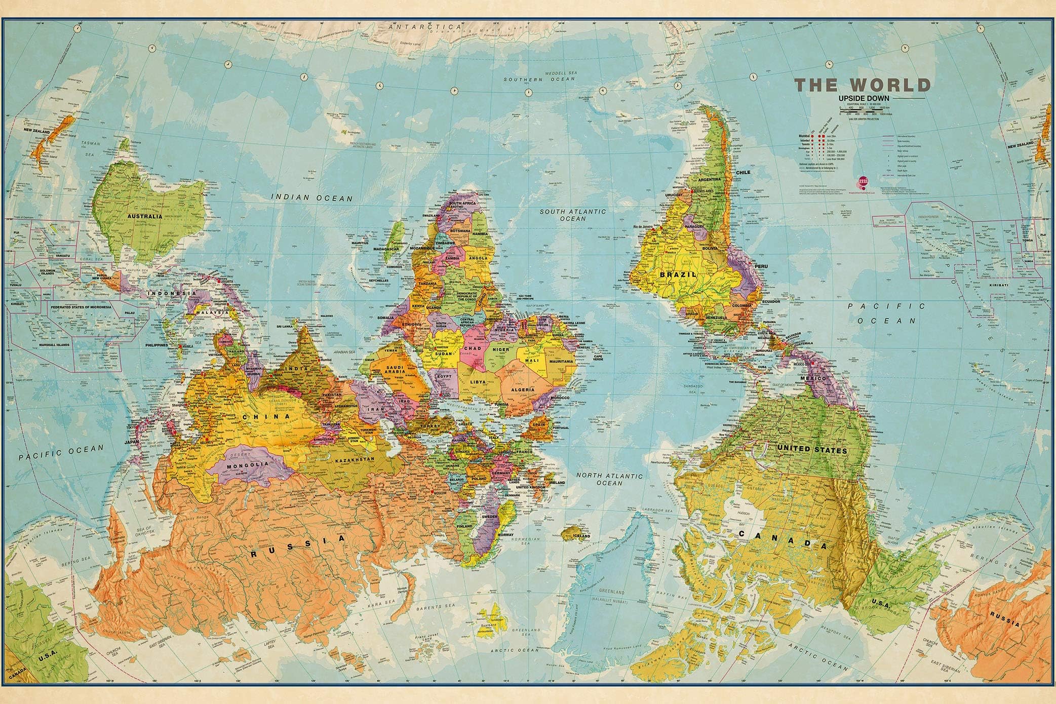 Wall Art Impressions :: Laminated Poster (24"x16") :: Maps :: Upside Down Political World Map. Vintage maps, Rare maps. Art Print