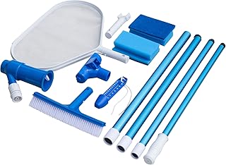 Steinbach Poolreinigung Grundreinigungsset, inkl. Thermometer, Handschrubber, Beckenreinigungsbürste, Laubkescher, 4-teilige Aluminium Teleskopstange und Bodensauger, 6-teilig, 061175