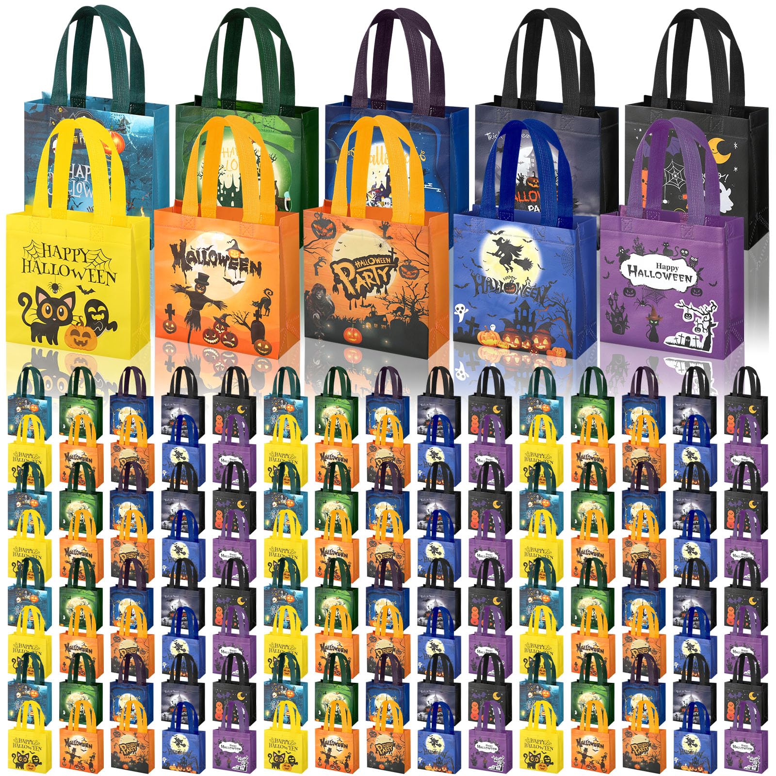 Photo 1 of **MISSING PARTS**Clysee 100 Pcs Halloween Candy Tote Bags with Handles Non Woven Halloween Bags for Gifts Wrapping Party Supplies 7.87 x 7.87 x 3.15 Inch