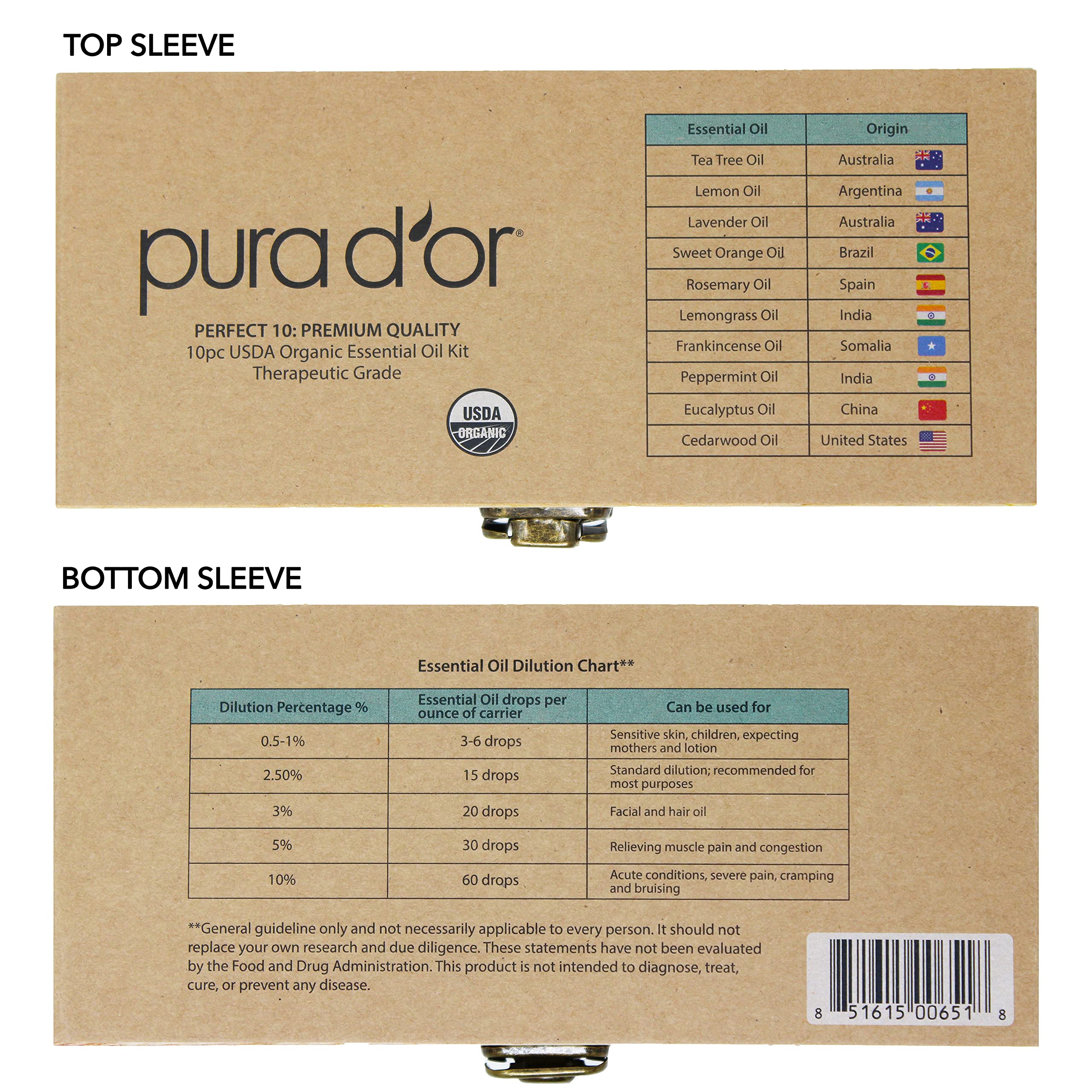 PURA D'OR Organic Essential Oils Set of 10 10ml Perfect10 Wood Box Gift Set, Pure Therapeutic Grade Aromatherapy, Fragrance Home Diffuser (Lavender, Tea Tree, Eucalyptus, Lemon, Cedarwood, Lemongrass)