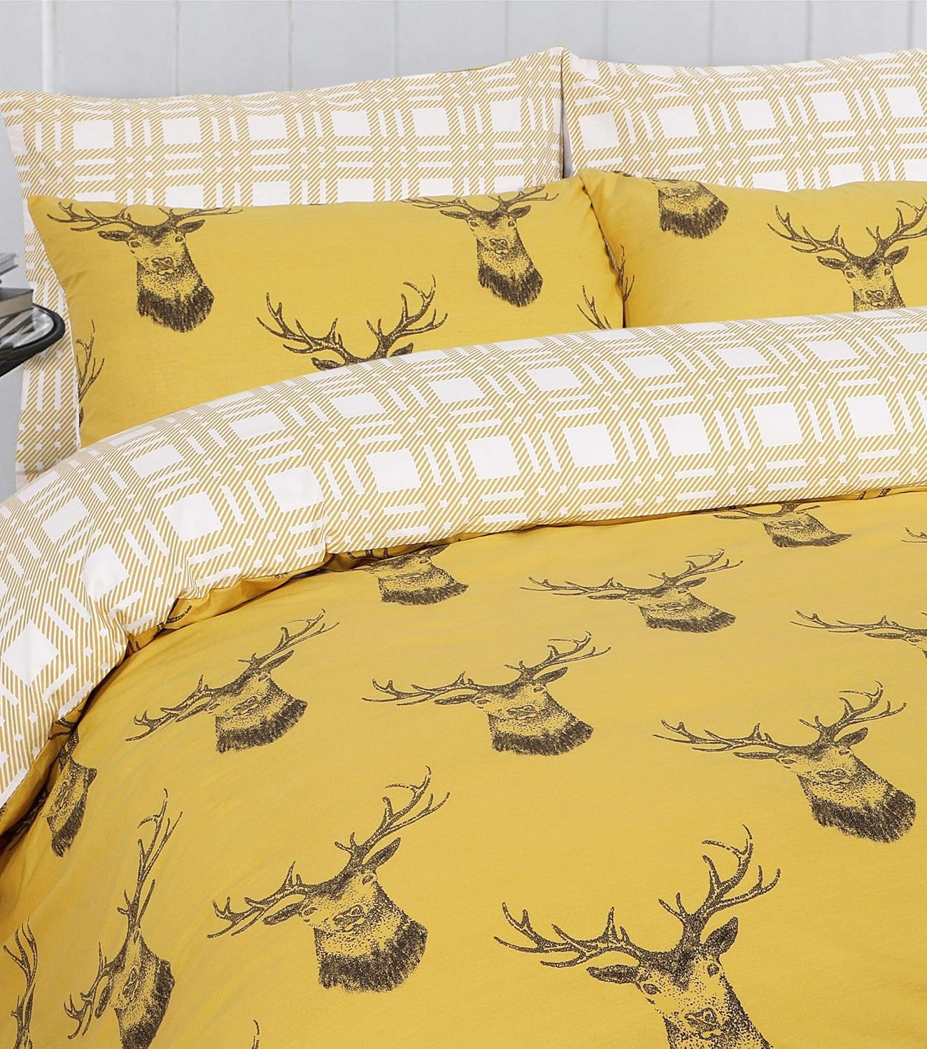 100 Pure Cotton Reversible Patterned Duvet Cover Sets, Stag Mustard