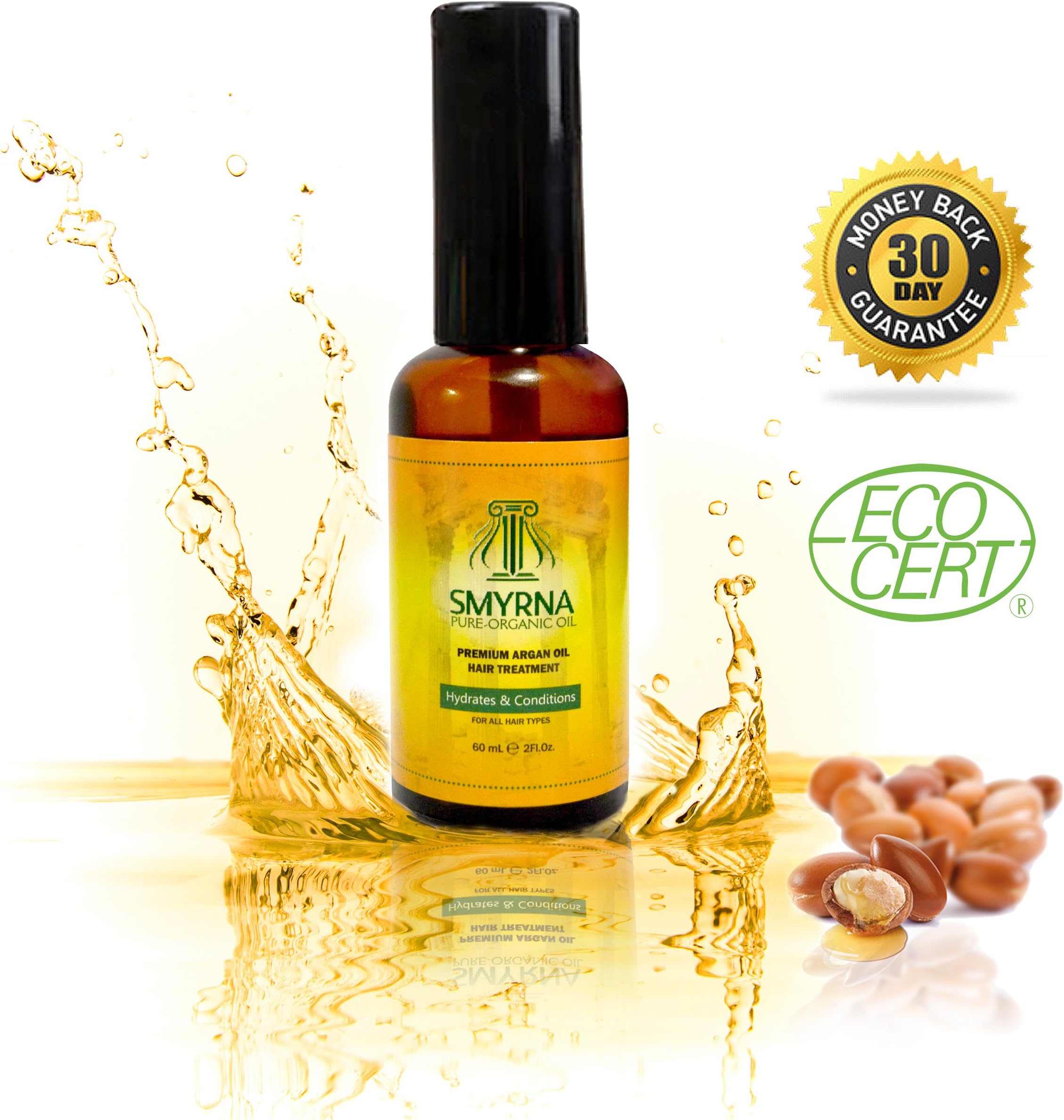 Smyrna Argan Oil ★ Premium Quality 100% Pure Moroccan Argan Oil 2fl Oz /60ml. ECO Certified Organic for Hair Treatment, Face, Skin, Nails, Dry Damaged Hair, Hair Conditioning and Styling. Controls Frizz, Adds Shine and Silkiness to Hair. Hydrates and Conditions.