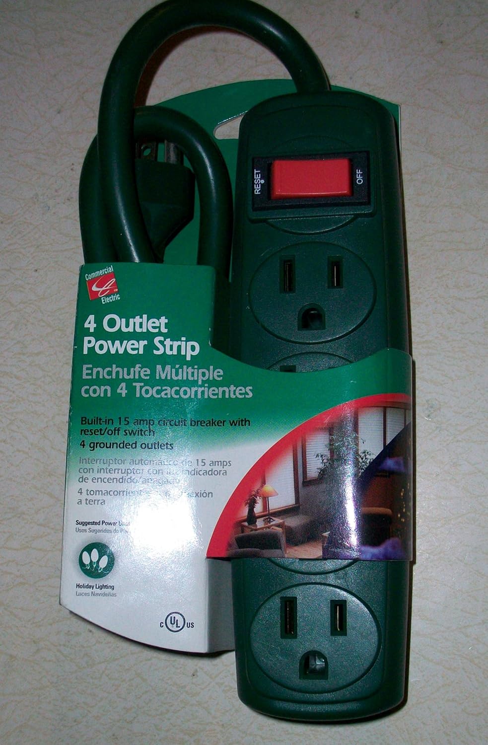 4 Outlet Power Strip with 15 Amp Circuit Breaker Home