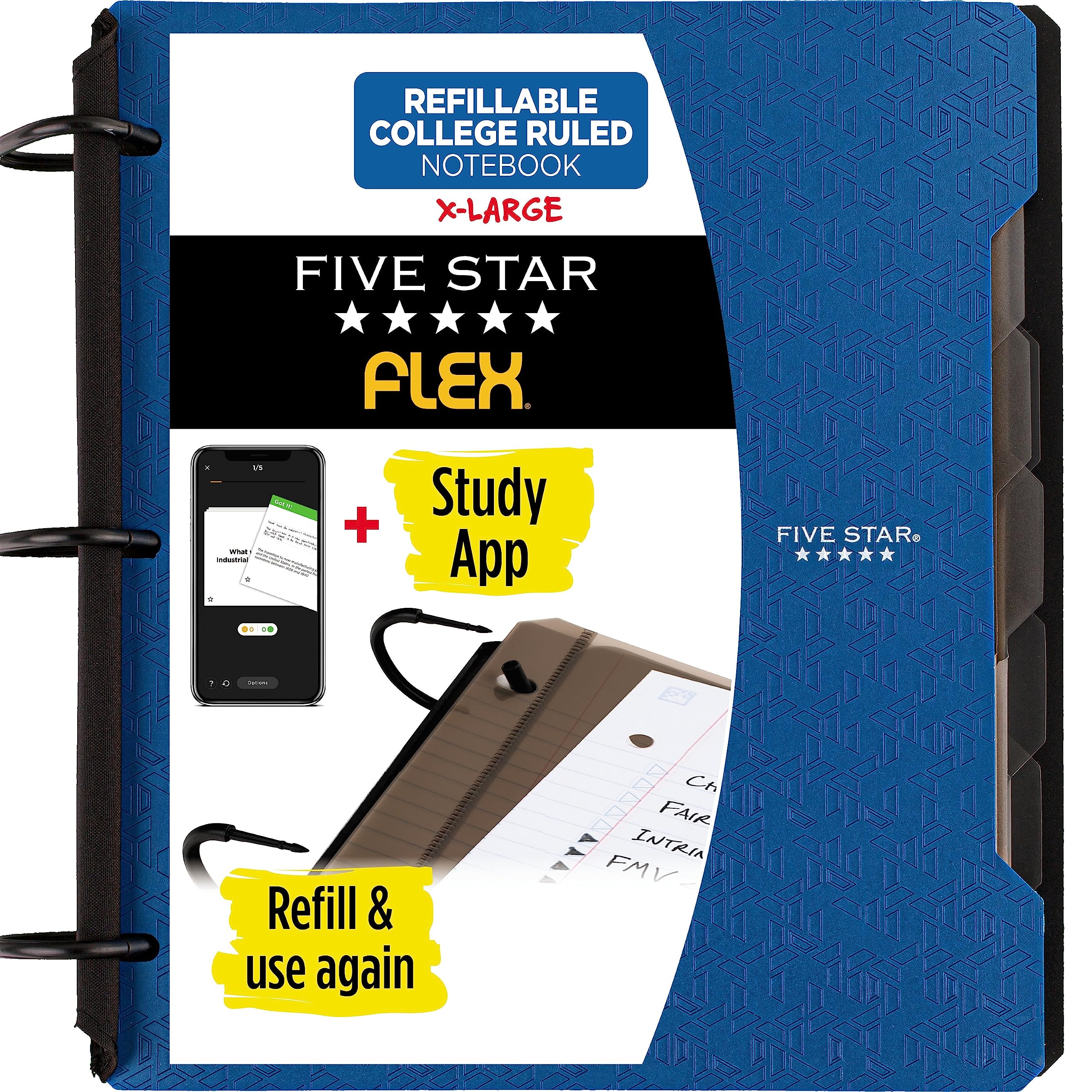Five Star Flex Refillable Notebook + Study App, College Ruled Paper and 1-1/2 Inch TechLock Ring Binder with Pockets, Tabs and Dividers, 300 Sheet Capacity, Pacific Blue (29324AD2) (Pack of 6) Image