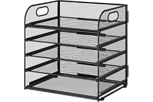 5 Tier Paper Desk Organizer with Handle and 1 Pcs Slideable Letter Tray, A4 Paper File Folder Sorter Metal Mesh Organizer for