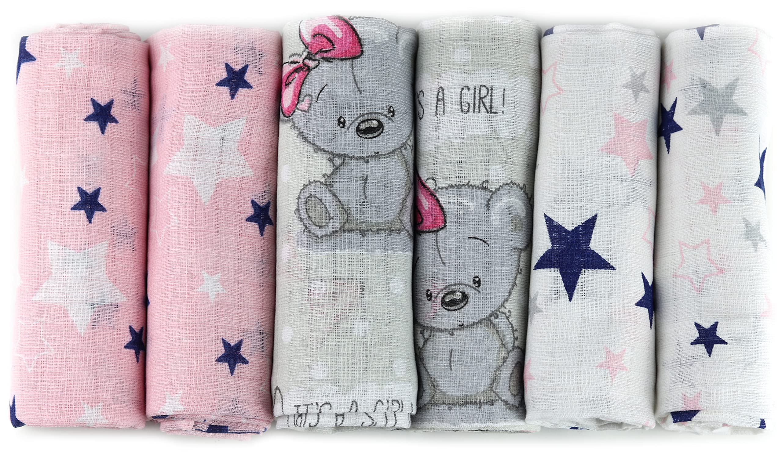 FENSILO - Muslin Cloths - Muslin Nappies - Pack of 6 70 x 80 cm - Cloth Nappies, Made in the EU, Tested for Harmful Substances - Burp Cloths Set for Girls - Baby Muslin Nappies - Pink - Oeko-Tex